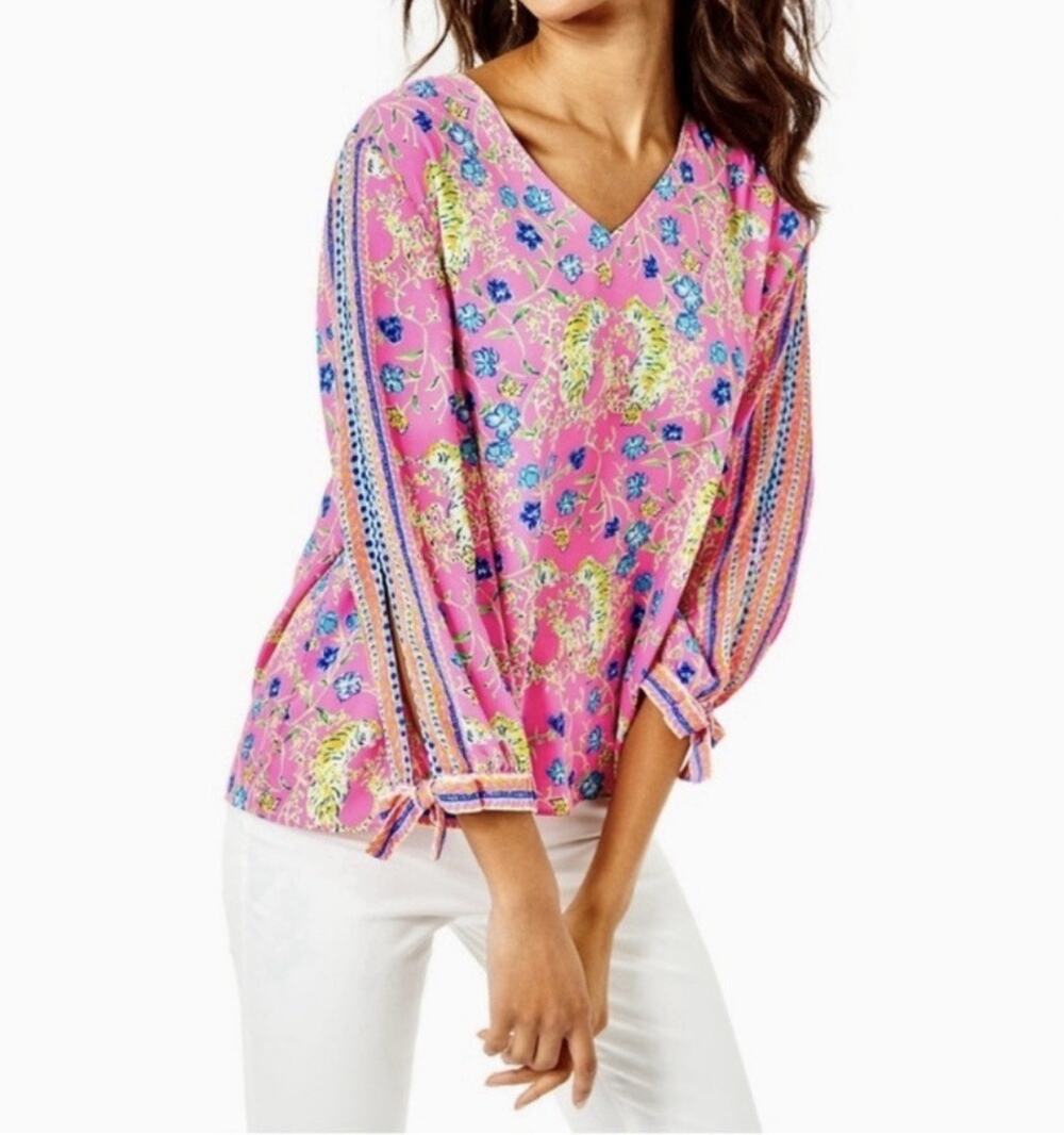 LILLY PULITZER Womens Pamala Blouse Engineered Tigress Garden Floral Sz XL AQ9